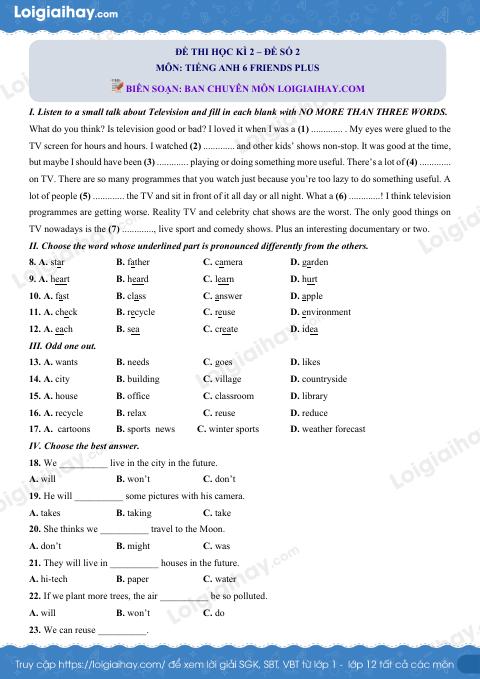 Đề thi học kì 2 Tiếng Anh 6 Friends Plus - Đề số 2